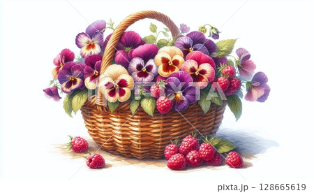 Basket of Colorful Pansies with Fresh Raspberries 128665619