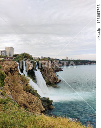 the beautiful seascape of the great Duden Waterfalls 128665768