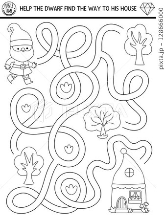 Dwarf black and white maze for kids with cute elf, trees, home. Fairytale preschool printable activity. Woodland fantasy labyrinth game, coloring page or puzzle. Help gnome find way to his house Dwarf black and white maze for kids with cute elf, trees, home. Fairytale preschool printable activity. Woodland fantasy labyrinth game, coloring page or puzzle. Help gnome find way to his house 128666000
