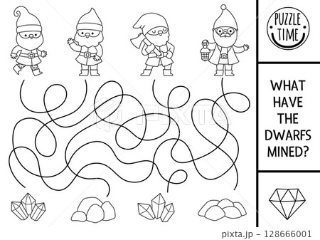 Dwarf black and white maze for kids with cute elf miners, gems and metals. Fairytale preschool printable activity. Woodland labyrinth game, coloring page, puzzle. What gnomes mined Dwarf black and white maze for kids with cute elf miners, gems and metals. Fairytale preschool printable activity. Woodland labyrinth game, coloring page, puzzle. What gnomes mined 128666001