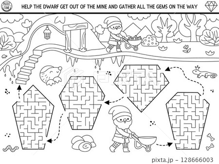 Dwarf black and white maze for kids with geometrical stones. Printable activity with underground landscape, gems. Magic labyrinth game, puzzle, coloring page. Help gnome get out of mine Dwarf black and white maze for kids with geometrical stones. Printable activity with underground landscape, gems. Magic labyrinth game, puzzle, coloring page. Help gnome get out of mine 128666003