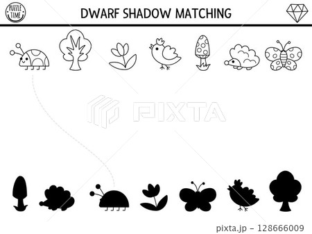 Dwarf shadow matching activity with forest symbols and animals. Fairytale black and white puzzle with hedgehog, bird. Find correct silhouette printable worksheet, game, coloring page for kids Dwarf shadow matching activity with forest symbols and animals. Fairytale black and white puzzle with hedgehog, bird. Find correct silhouette printable worksheet, game, coloring page for kids 128666009