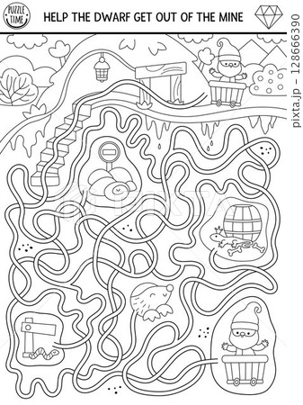 Dwarf black and white maze for kids with underground mine landscape and gnome. Fairytale preschool printable activity with goldmine cave tunnel. Fantasy labyrinth game, puzzle, coloring page Dwarf black and white maze for kids with underground mine landscape and gnome. Fairytale preschool printable activity with goldmine cave tunnel. Fantasy labyrinth game, puzzle, coloring page 128666390