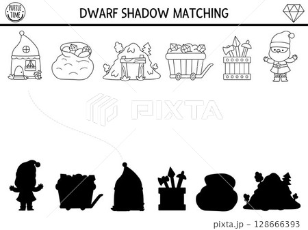 Shadow matching activity with line dwarf. Fairytale black and white puzzle with gnome, house, mine, cart with treasure. Find correct silhouette printable worksheet, game, coloring page for kid Shadow matching activity with line dwarf. Fairytale black and white puzzle with gnome, house, mine, cart with treasure. Find correct silhouette printable worksheet, game, coloring page for kid 128666393