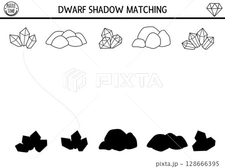 Dwarf shadow matching activity with precious stones and metals. Fairytale black and white puzzle with gems. Find correct silhouette printable worksheet, game. Magic gnome coloring page for kids Dwarf shadow matching activity with precious stones and metals. Fairytale black and white puzzle with gems. Find correct silhouette printable worksheet, game. Magic gnome coloring page for kids 128666395