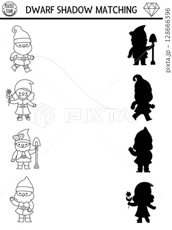 Shadow matching activity with cute dwarfs. Fairytale black and white puzzle with gnome gardener, girl, blacksmith. Find correct silhouette printable worksheet, game, coloring page for kids Shadow matching activity with cute dwarfs. Fairytale black and white puzzle with gnome gardener, girl, blacksmith. Find correct silhouette printable worksheet, game, coloring page for kids 128666396