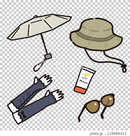 UV対策グッズたちの手描きイラスト 128666422