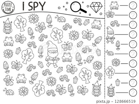 Dwarf black and white I spy game for kids. Searching and counting activity with gnome, frog, butterfly, tree, flower. Magic forest printable worksheet or coloring page. Woodland spotting puzzle 128666519
