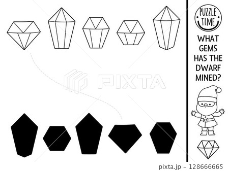 Dwarf shadow matching activity with precious stones, gems, crystals. Fairytale black and white puzzle. Find correct silhouette printable worksheet, game. Magic gnome coloring page for kids Dwarf shadow matching activity with precious stones, gems, crystals. Fairytale black and white puzzle. Find correct silhouette printable worksheet, game. Magic gnome coloring page for kids 128666665