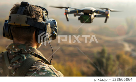 Military soldier with tablet, controlling drones, blurred warzone background, tech art. 128666864