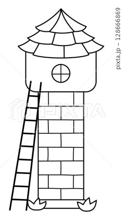 Vector black and white tower. Fairytale or ancient world line brick building icon with tile roof and ladder. Medieval turret illustration or coloring page isolated on white background 128666869