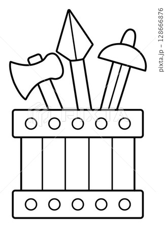 Vector black and white wooden box with sward, hammer, spear. Blacksmith or forger line illustration. Knight armor, dwarf smith products in wood crate. Coloring page with medieval weapon 128666876