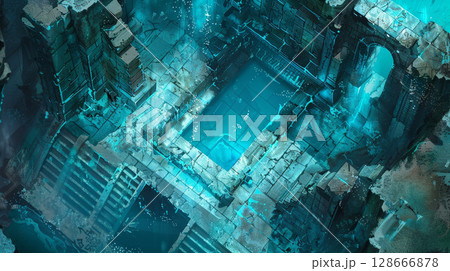 Blue-tinted underwater temple, top-down view, fantasy game art, ancient interior design. 128666878