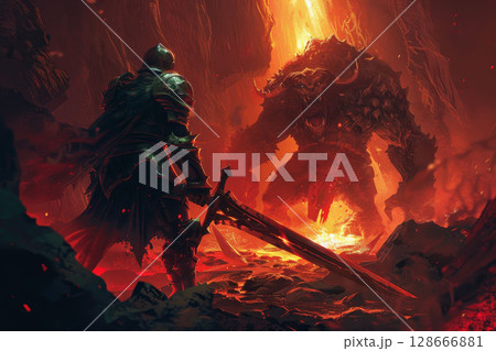 Fantasy knight with sword facing troll, dark cave, red light, fire backdrop, concept art. 128666881