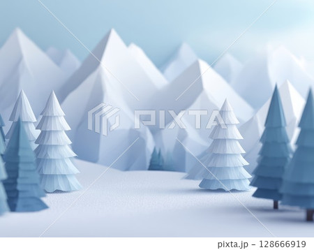 Paper winter landscape with snow trees, white mountains. Perfect for holiday, nature, design themes. 128666919