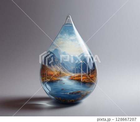 Transparent water droplet with a landscape inside featuring mountains, wind turbines, and a river 128667207