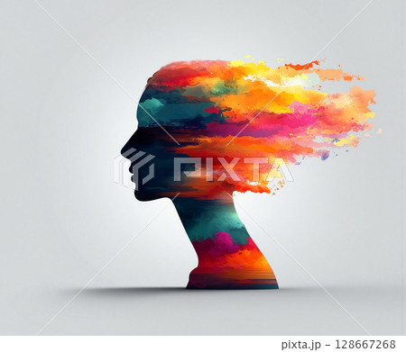 Colorful silhouette of a woman with abstract patterns flowing from her hair against a neutral background Colorful silhouette of a woman with abstract patterns flowing from her hair against a neutral background 128667268