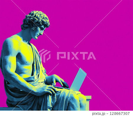Modern statue with laptop in vibrant setting, merging classical art with contemporary technology 128667307