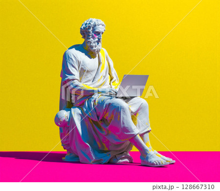Statue of philosopher using a laptop in a vibrant modern environment with bright colors and bold contrasts 128667310