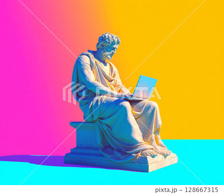 Modern statue of a thinker using a laptop in a vibrant, colorful environment 128667315