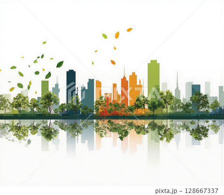 Modern city skyline with reflections and greenery in a clean minimalist design showcasing urban harmony 128667337