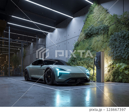 Futuristic electric car at a charging station in a modern urban environment with greenery 128667397