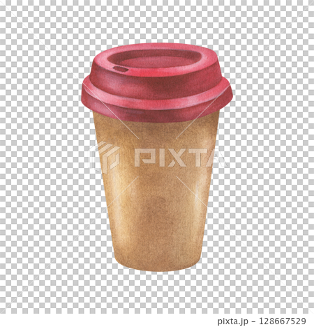 Paper coffee to go cup with red lid. Watercolor illustration of a Craft tea mug in Christmas colors. Hand drawn vintage sketch on white isolated background. Water color painting art image Paper coffee to go cup with red lid. Watercolor illustration of a Craft tea mug in Christmas colors. Hand drawn vintage sketch on white isolated background. Water color painting art image 128667529