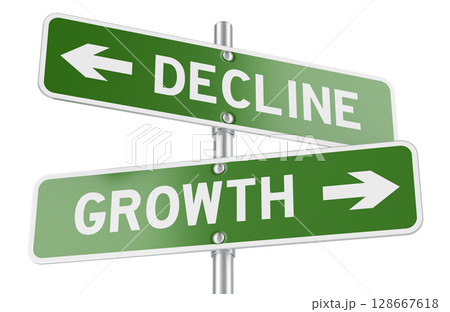 Decline and Growth green direction arrows, street signs. 3D rendering 128667618