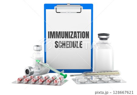 IMMUNIZATION SCHEDULE concept, with medical set. 3D rendering 128667621