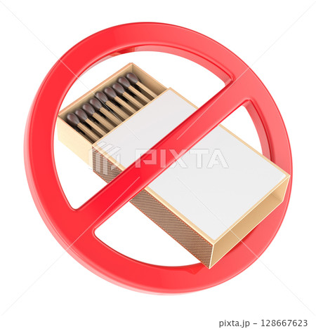 Matchbox with prohibition sign. 3D rendering 128667623