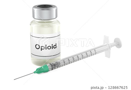 Opioid vial and syringe. 3D rendering Opioid vial and syringe. 3D rendering 128667625
