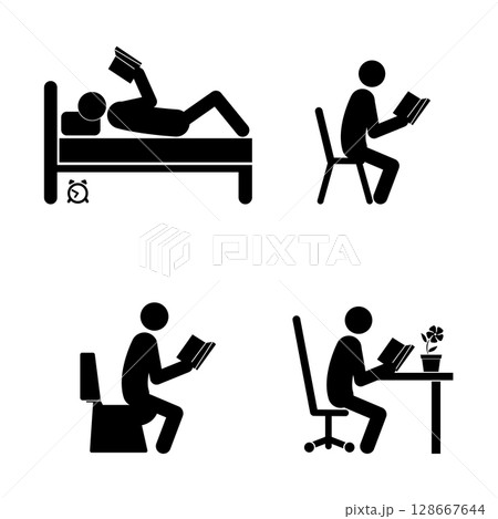 Set of stick figures, reading a book, flat vector illustration. 128667644
