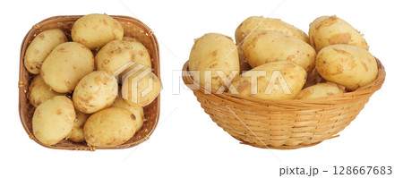 young potato slices in a wicker basket isolated on white background. Harvest new. Top view. Flat lay. 128667683