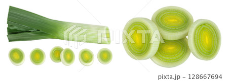 Leek vegetable with slices isolated on white background. Top view. Flat lay Leek vegetable with slices isolated on white background. Top view. Flat lay 128667694