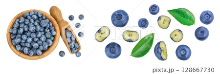 blueberry in wooden bowl isolated on white background. Top view. Flat lay. 128667730