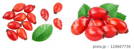 Rose hip isolated on a white background with full depth of field. Top view. Flat lay. 128667736