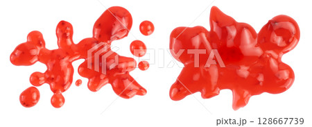 Red strawberry jam isolated on white background with full depth of field, Top view. Flat lay 128667739