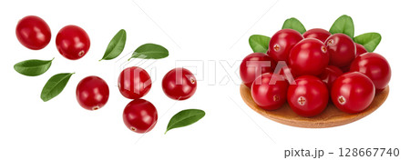 Cranberry with leaves isolated on white background with full depth of field. Top view. Flat lay 128667740