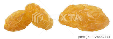 Yellow raisin isolated on white background with full depth of field 128667753