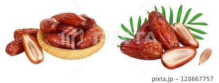 Dates in wooden bowl isolated on white background with full depth of field. Dates in wooden bowl isolated on white background with full depth of field. 128667757