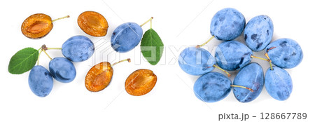 plums with leaf isolated on a white background with copy space for your text. Top view. Flat lay pattern plums with leaf isolated on a white background with copy space for your text. Top view. Flat lay pattern 128667789
