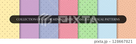 Collection of vector seamless minimalistic patterns. Bright colorful repeatable backgrounds. Modern stylish unusual prints Collection of vector seamless minimalistic patterns. Bright colorful repeatable backgrounds. Modern stylish unusual prints 128667821