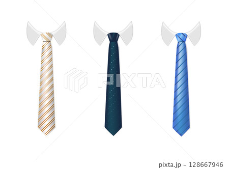 3d Realistic Neck tie with white collar. Tie neck vector with different stripe pattern. Vector 3d Realistic Neck tie with white collar. Tie neck vector with different stripe pattern. Vector 128667946