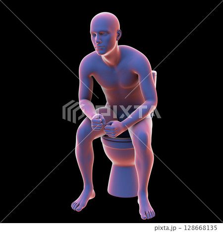 A person experiencing constipation while sitting on a toilet, 3D illustration A person experiencing constipation while sitting on a toilet, 3D illustration 128668135