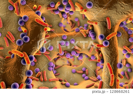 Spherical and rod-shaped bacteria inside bone tissue Spherical and rod-shaped bacteria inside bone tissue 128668261