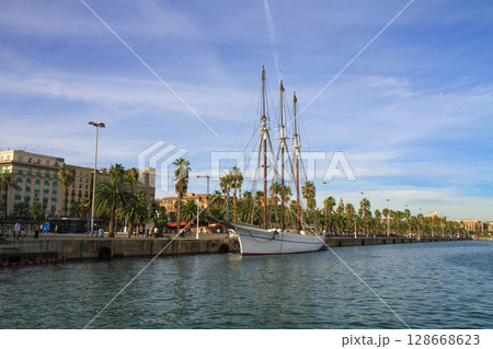 beautiful ships and boats are moored near the shore 128668623