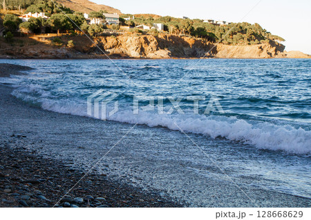 beautiful landscape of a sandy beach on the sea beautiful landscape of a sandy beach on the sea 128668629