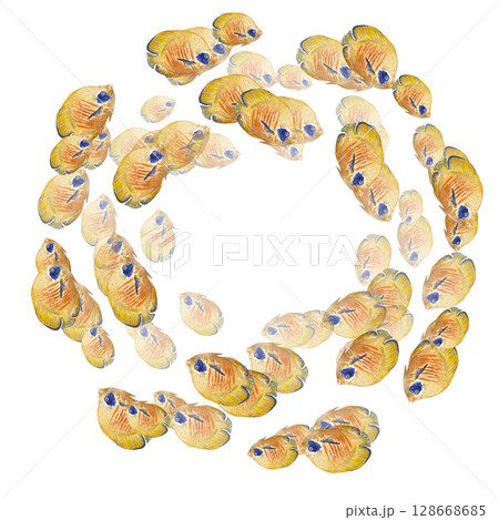 Round text frame with tropical yellow fish on a white background. Watercolor illustration of reef fish. The ocean and marine life theme is perfect for summer design, postcards, packaging, printing. 128668685