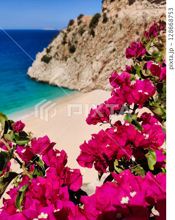 a beautiful landscape of a sea beach and mountainous mountains a beautiful landscape of a sea beach and mountainous mountains 128668753