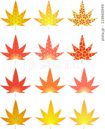 和柄模様が描かれた紅葉の葉バリエーションセット 和柄模様が描かれた紅葉の葉バリエーションセット 128668949